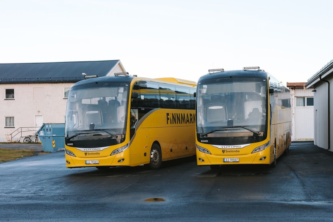 Two yellow tour buses parked outside buildings