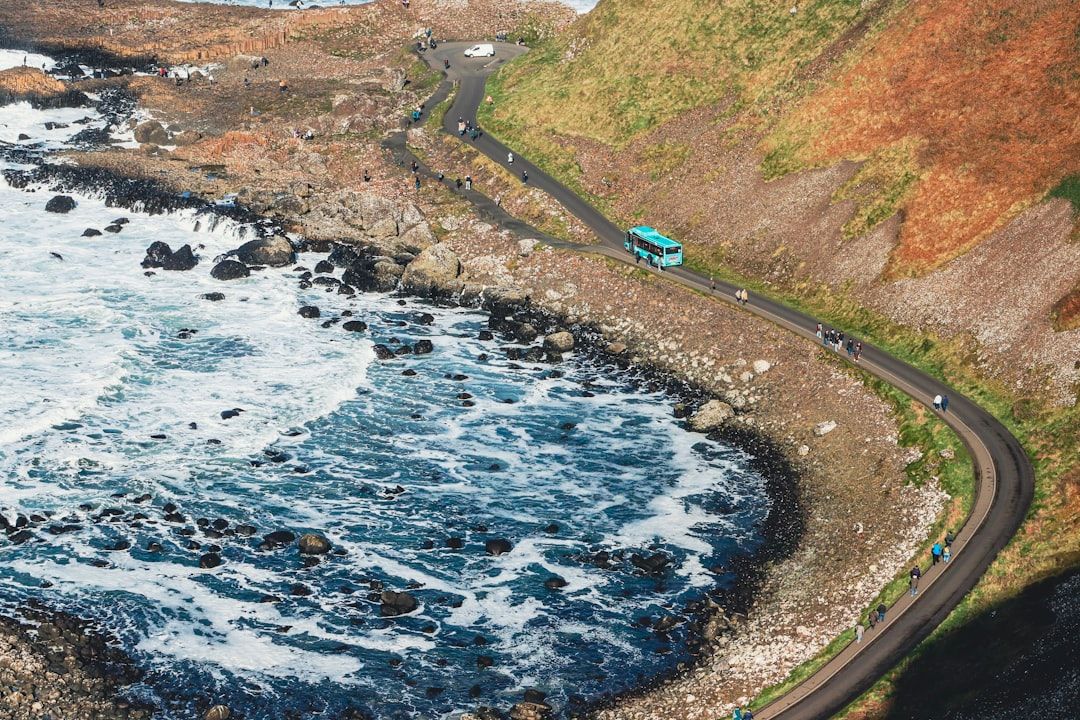 Turquoise bus drives on winding coastal road beside ocean.
